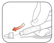 One hand removing the protective cap from an injection pen following the direction indicated by a curved red arrow