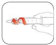 One hand holding a syringe while a curved red arrow indicates rotational movement to unscrew the protective cap