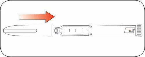 A red arrow indicating the movement of inserting a protective cap onto the tip of a medical injection pen