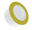 White cylindrical vial with a wide circular upper rim in golden yellow and a white hollow or recessed center