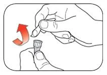 Two hands removing a cylindrical cap from a medical container with a curved red arrow indicating the removal motion