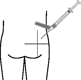Disegno schematico di una siringa che inserisce l'ago nel gluteo di un corpo umano sopra una croce nera di riferimento