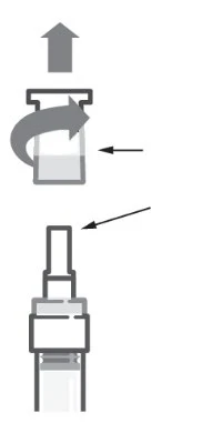 Diagramma medico che mostra il movimento di rotazione di un tappo verso sinistra e la successiva rimozione verso l'alto con frecce direzionali