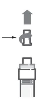 Diagramma con freccia orizzontale che indica un movimento rotatorio di un cappuccio verso l'alto per rimuoverlo da un dispositivo medico