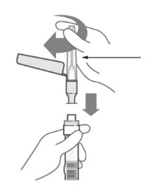 Disegno tecnico che mostra due mani che ruotano e inseriscono un dispositivo medico in un contenitore con frecce direzionali che indicano il movimento
