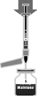 Illustrazione in bianco e nero di una siringa con ago che aspira il liquido da un flaconcino con etichetta riportante la scritta Maintona