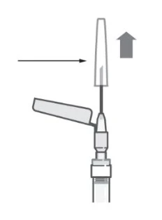 Diagramma che mostra il movimento verso l'alto di un cappuccio protettivo e una freccia orizzontale che indica l'azione su un dispositivo medico