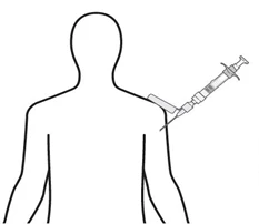 Disegno schematico di un busto umano visto di spalle con una siringa che inserisce l'ago nella parte superiore del braccio destro