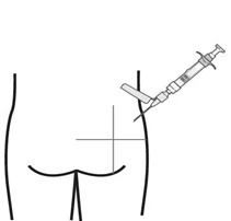 Disegno schematico di un torso umano visto di spalle con una siringa che punta verso la zona glutea contrassegnata da una croce nera