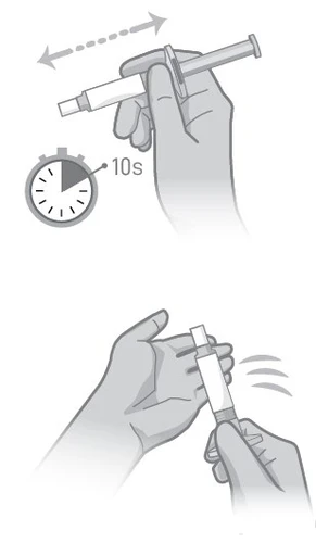 Illustrazione di una mano che tiene una siringa con una freccia di movimento e un cronometro su 10 secondi e una mano che scuote la siringa