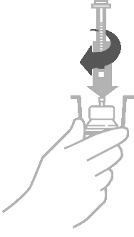 Illustrazione che mostra una mano che tiene un flaconcino mentre una siringa viene inserita dall'alto con una freccia che indica il movimento rotatorio