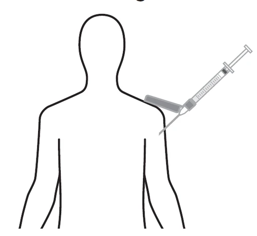 Disegno lineare di un busto umano stilizzato con una siringa che punta l'ago verso la parte superiore del braccio destro per un'iniezione