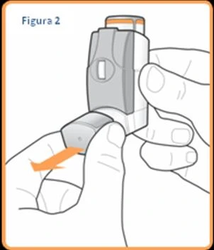Two hands holding a gray and white medical device with an orange arrow indicating downward opening motion