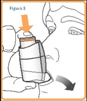 Technical drawing showing a hand pressing a medical device against the face with an orange downward arrow and a curved gray arrow
