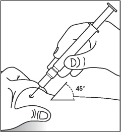 A hand holds a syringe to inject a drug into the skin at a 45-degree angle relative to the body surface