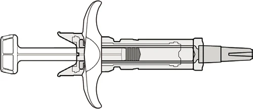 Black and white technical drawing of a syringe-type medical device with plunger, transparent body, and contoured grip for the