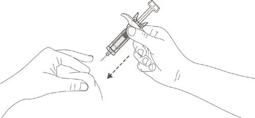 A hand holding a syringe with needle pointed toward the skin of an arm, indicated by a dashed arrow showing the direction of the