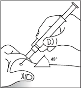 A hand holding a syringe angled at 45 degrees for inserting the