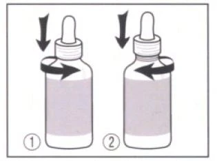 Due flaconi di medicinale con contagocce e frecce nere che indicano il movimento di rotazione del tappo in senso orario e antiorario