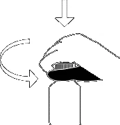 Diagramma con freccia verticale verso il basso e freccia curva che indica il movimento di rotazione di un tappo su un contenitore cilindrico