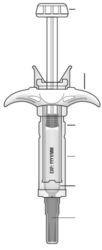 Dibujo técnico de una jeringa precargada con émbolo, cuerpo transparente con indicación de fecha de caducidad y punta para la conexión.