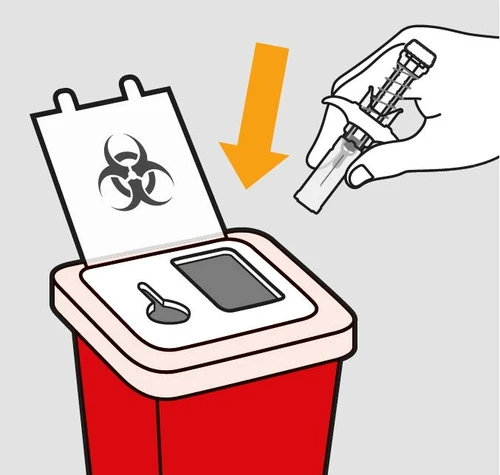 Una mano introduce una jeringa en un contenedor rojo para residuos biológicos con tapa blanca marcada con el símbolo de riesgo biológico.