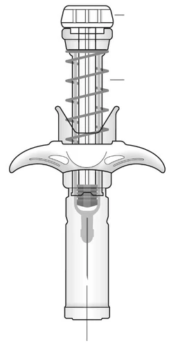 Diagrama técnico en blanco y negro de un dispositivo médico con forma de jeringa que incluye un muelle interno y una base cilíndrica transparente.