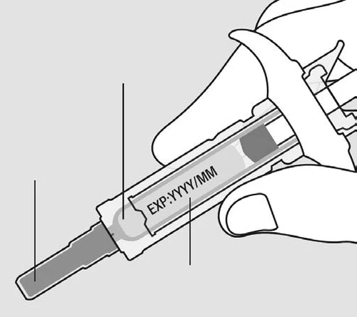 Dibujo técnico de una mano que sostiene una jeringa con indicación de fecha de caducidad EXP:AAAA/MM y líneas de referencia para la dosificación.