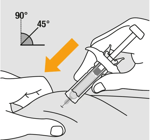 Ilustración que muestra una mano sosteniendo una jeringa para inyectar un medicamento con un ángulo de 45 grados respecto a la piel.