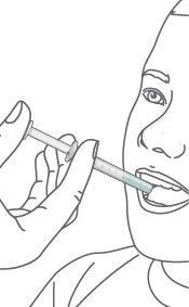 Disegno lineare di una mano che tiene una siringa con liquido azzurro e la inserisce delicatamente all'interno della bocca di una persona
