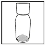 Disegno in bianco e nero di un flaconcino di vetro con tappo a vite e una piccola quantità di polvere sul fondo