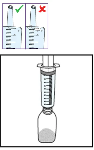 Due diagrammi mostrano una siringa con bolle d'aria: il primo con segno di spunta verde indica l'assenza di bolle, il secondo con croce rossa la presenza