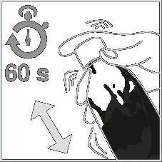 Disegno tecnico che mostra una mano che applica un prodotto sulla pelle con un cronometro che indica 60 secondi e una doppia freccia direzionale