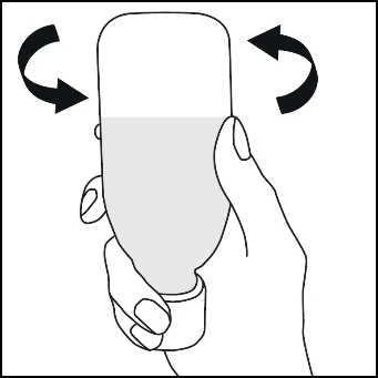 Una mano tiene una fiala con due frecce curve che indicano un movimento rotatorio per agitare il contenuto all'interno