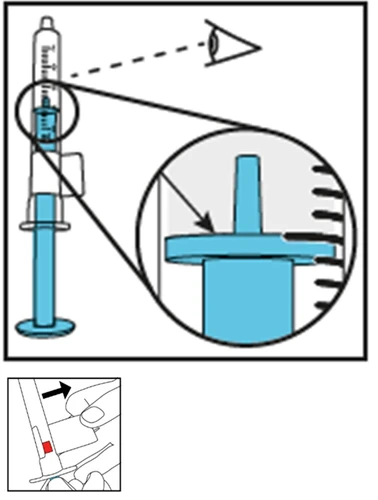 Schema tecnico di una siringa con ingrandimento del livello del liquido blu e dettaglio di una mano che maneggia il dispositivo con un indicatore rosso