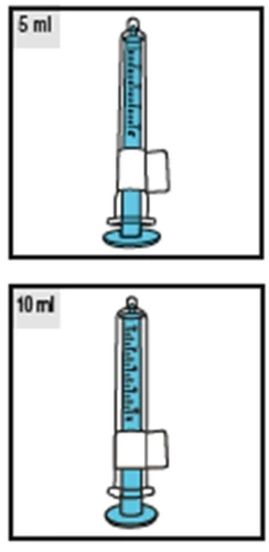Due illustrazioni verticali di siringhe con liquido azzurro, una da 5 ml e una da 10 ml, con tacche graduate e pistone bianco