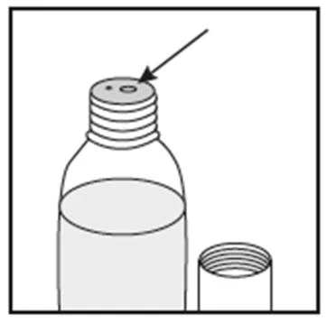 Disegno tecnico di un flaconcino di vetro con liquido all'interno, un tappo rimosso accanto e una freccia che indica il foro sul collo del flacone