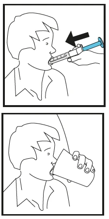 Disegno lineare che mostra una persona che assume un farmaco liquido tramite una siringa dalla bocca e poi beve da un bicchiere