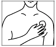Dibujo con líneas negras de un torso masculino con una mano presionando un disco de algodón o una gasa sobre el pecho izquierdo