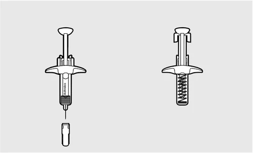 Disegno tecnico di due siringhe preriempite con ago, una con il corpo pieno di liquido e l'altra con un'area interna tratteggiata che indica il vuoto