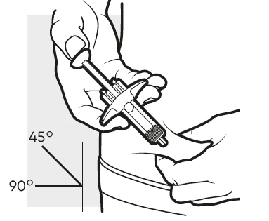 Disegno tecnico che mostra una mano che impugna un dispositivo medico inclinato a 45 o 90 gradi rispetto alla pelle del braccio
