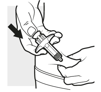 Disegno in bianco e nero che mostra una mano che preme un dispositivo medico sulla pelle del braccio con una freccia nera rivolta verso il basso