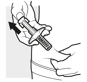 Disegno tecnico di mani che impugnano un dispositivo medico a molla con una freccia nera che indica il movimento di trazione verso l'esterno