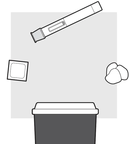 Disegno schematico di una penna iniettore, un cappuccio quadrato, un contenitore per lo smaltimento e un elemento arrotondato su sfondo grigio
