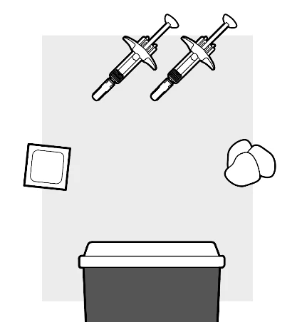 Disegno schematico di due siringhe pronte all'uso, un contenitore per rifiuti medici e due piccoli oggetti bianchi su sfondo grigio chiaro