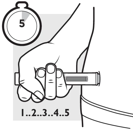 Una mano impugna una penna iniettore contro la pelle con un cronometro che segna 5 secondi e la sequenza numerica da 1 a 5 in basso