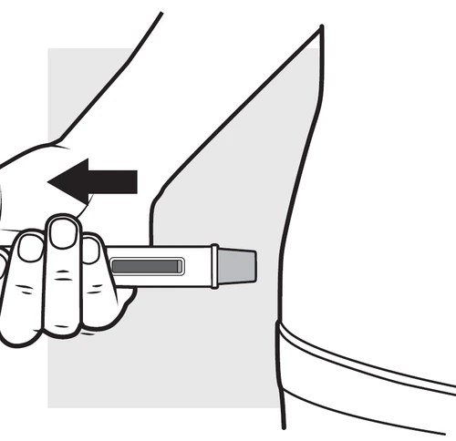 Disegno schematico di una mano che tiene una penna iniettiva orizzontalmente contro la parte superiore della coscia con una freccia nera verso sinistra