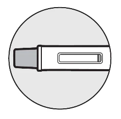 Disegno stilizzato in bianco e nero di un dispositivo medico rettangolare con una finestra trasparente centrale su sfondo circolare grigio