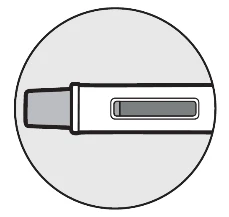 Disegno stilizzato in bianco e nero di un dispositivo medico orizzontale con una finestra rettangolare centrale su sfondo circolare grigio