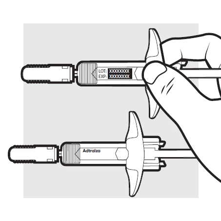Disegno tecnico di una mano che impugna una penna iniettore con scritte LOT ed EXP e una seconda penna con il nome Adtralza